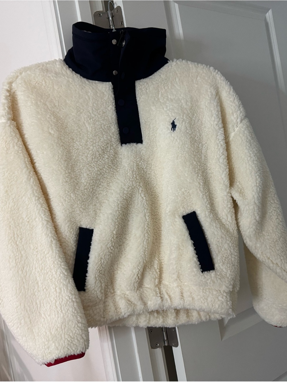 Polo by Ralph Lauren Cream Sherpa Quarter-Snap Pullover with Navy Trim